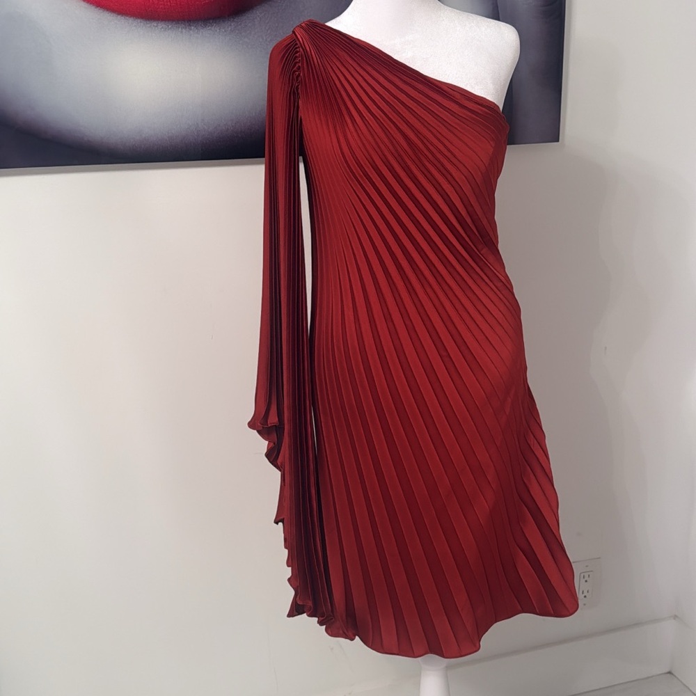Rene Ruiz One-Shoulder Pleated Dress in Deep Red